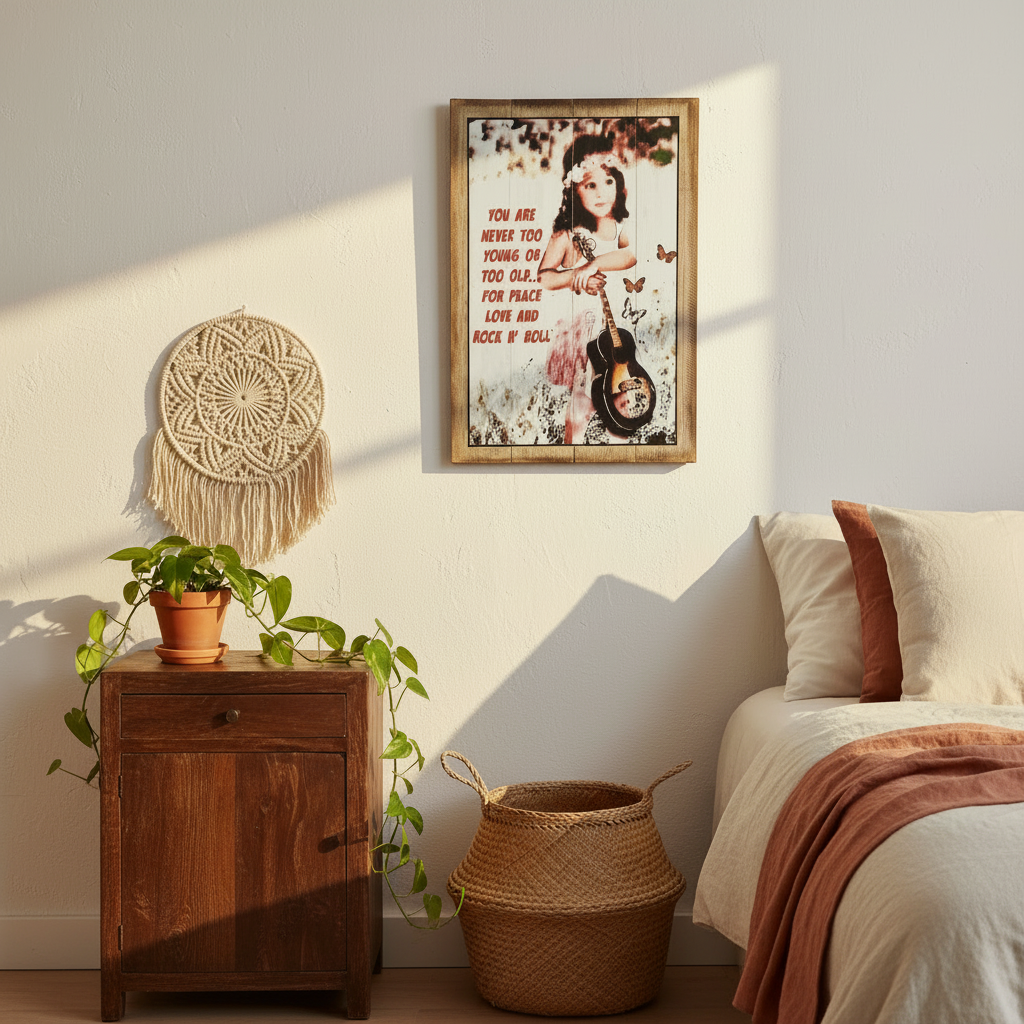 Bohemian bedroom wall displaying framed artwork of a child with a guitar, surrounded by warm morning light and natural décor