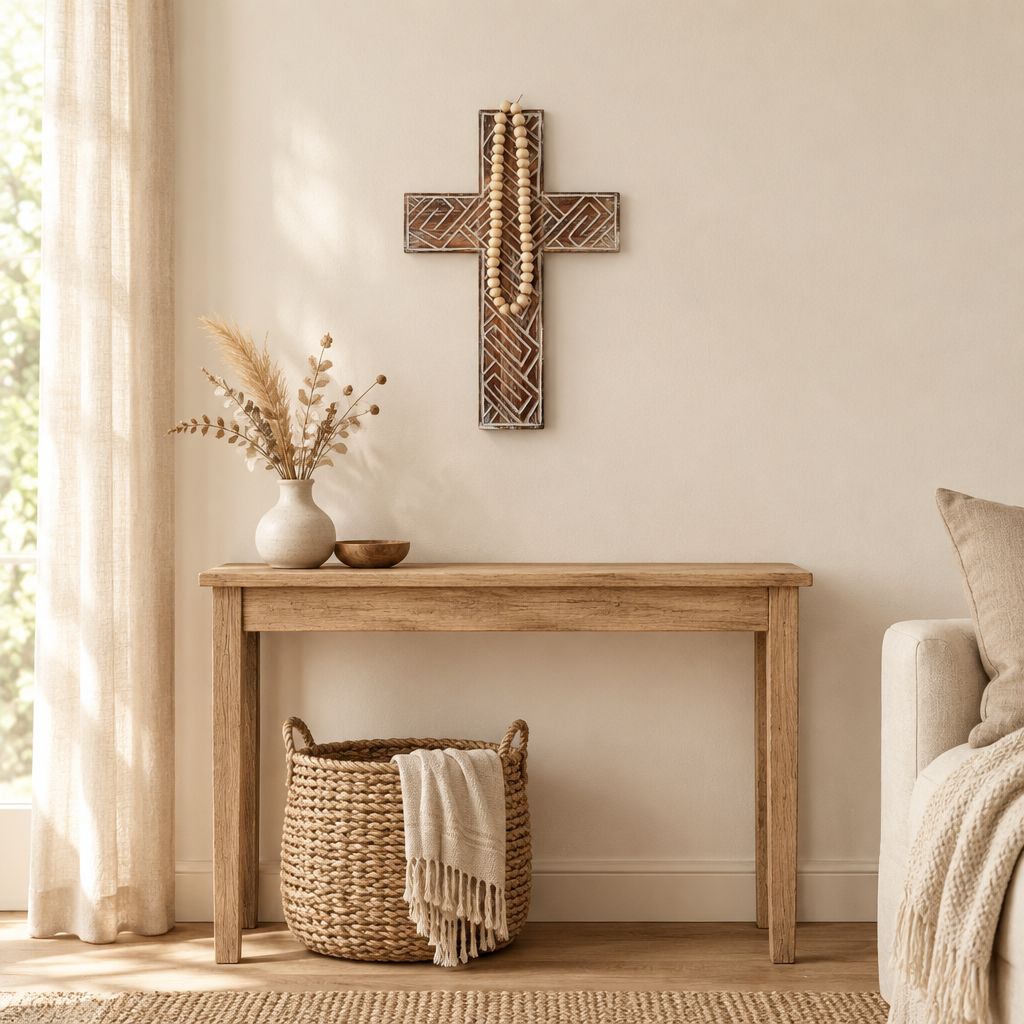 Carved wall ornament with beige beads above a timber console, styled with dried flowers, a woven basket and a cream throw.