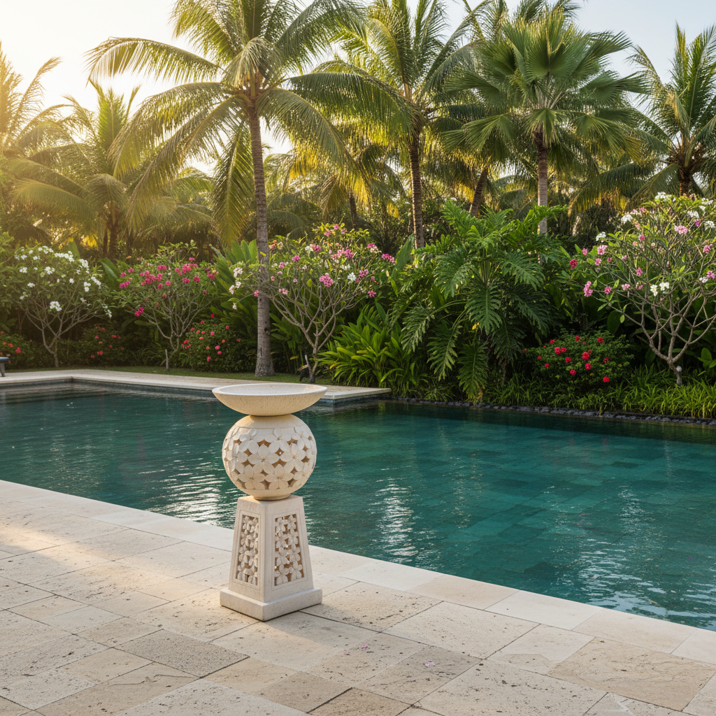 Bola Style Garden Birdbath with frangipani carved sphere beside a resort pool with tropical garden surrounds