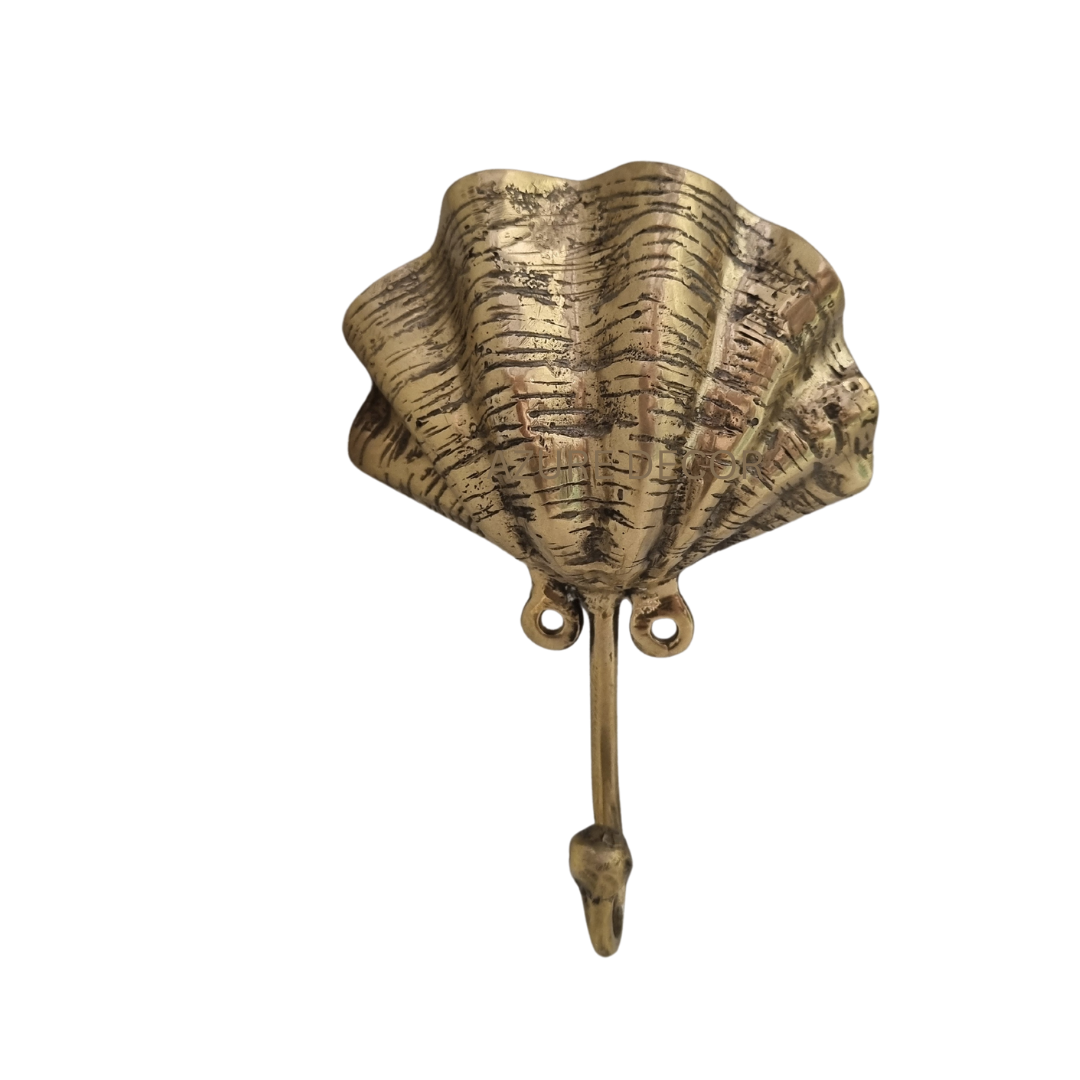 Brass clam shell wall hook front view showing antique patina and ribbed shell detail on white background
