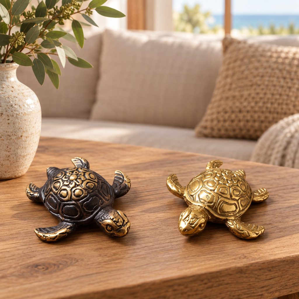 wo small brass turtle ornaments styled on a timber console in a coastal living room