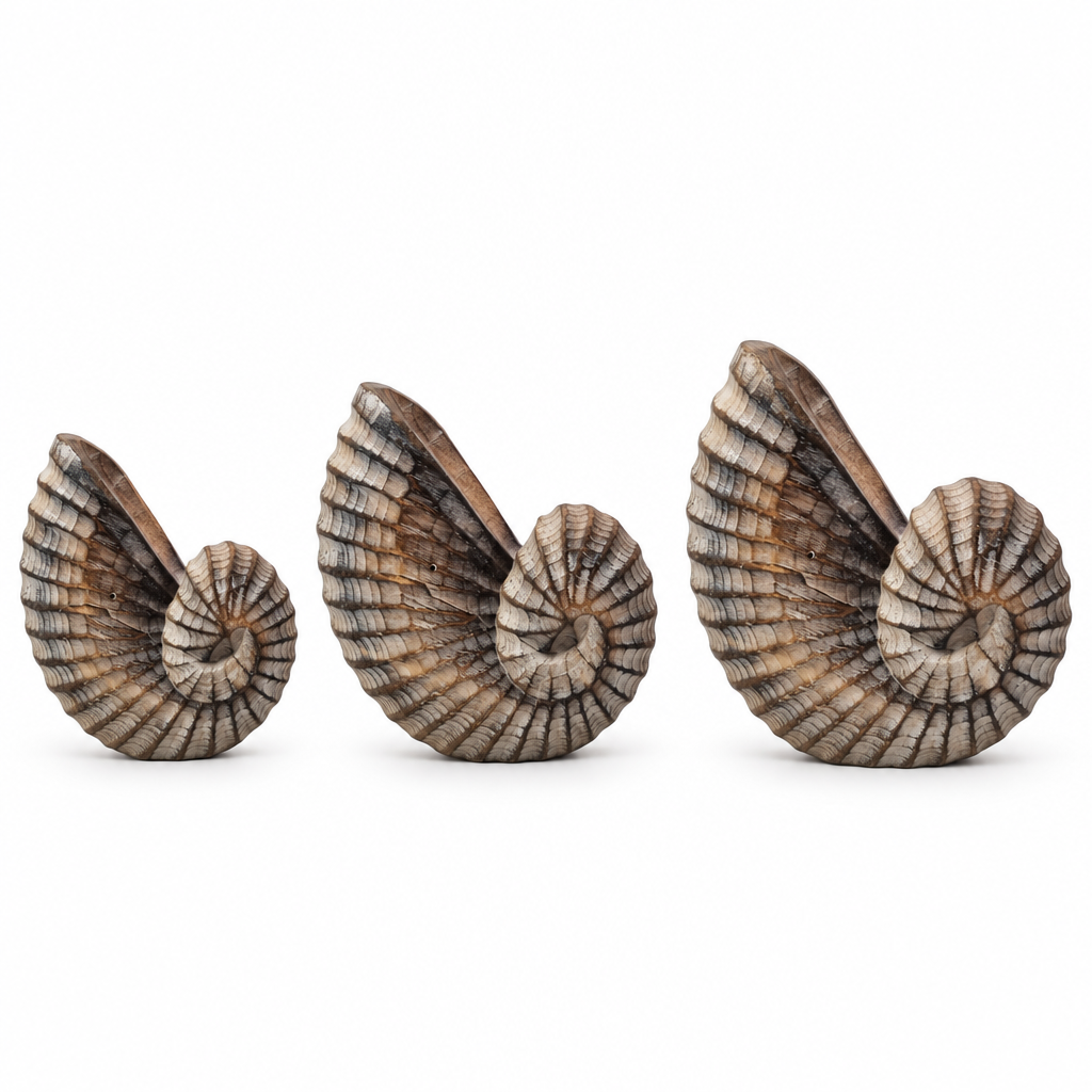 Three brown-wash spiral carvings in small, medium and large sizes on white