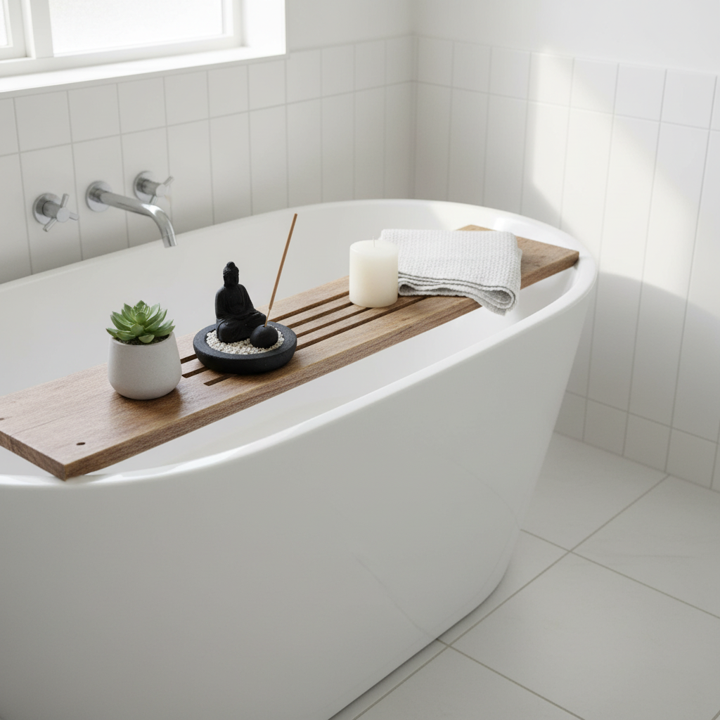  Black stone Buddha figure seated in meditation on a round white pebble bowl with an Stone Carved Statues Incense Holder, styled on a timber bath caddy over a freestanding white bathtub with a green plant and white candle in a soft spa bathroom