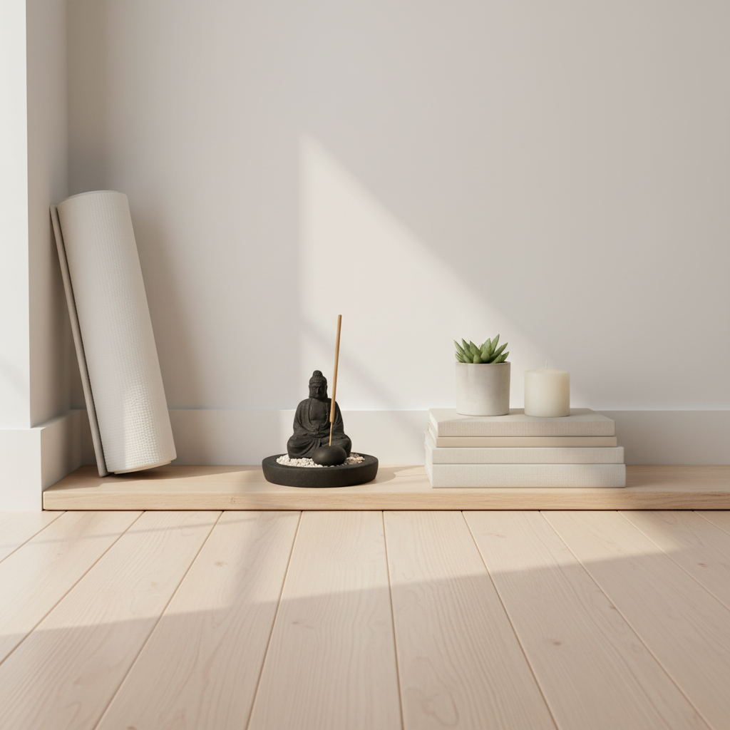 Black stone Buddha figure on a round white pebble bowl with an scented stick, styled on a low timber shelf in a meditation corner with a rolled yoga mat, small succulent, stacked books and a white pillar candle