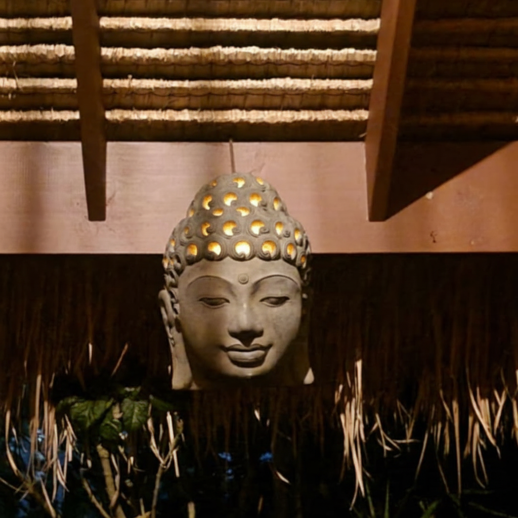 Grey concrete garden ornament glowing warmly from within in a tropical outdoor setting; solar light set not included