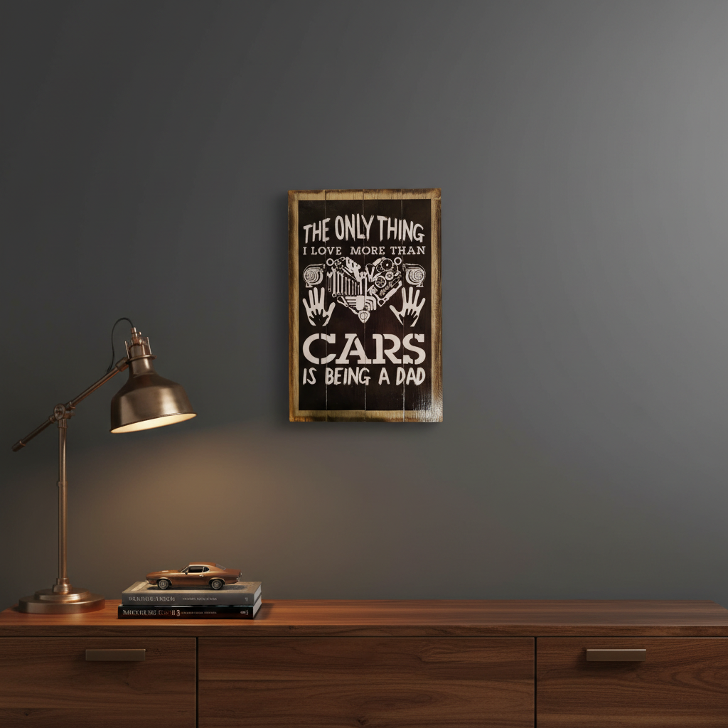 Cars and Being a Dad, styled: Car-themed wooden sign displayed above a workbench in a warm garage lounge.