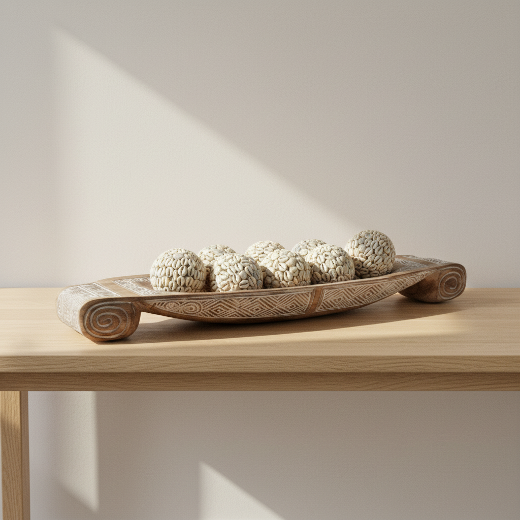Decorative shell balls resting in a hand-carved timber dish on an oak console.