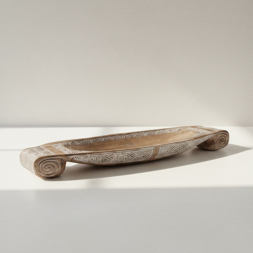 Tribal Natural Wash Longboat Tray in rustic carved wood