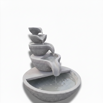 Large outdoor concrete water fountain with stacked cascading bowl design on white background