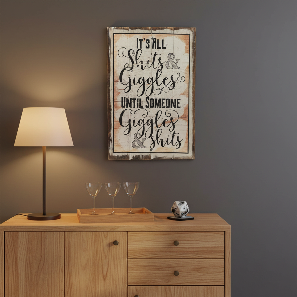 A rustic framed wall sign with the phrase 'IT'S ALL Shirts & Giggles UNTIL SOMEONE Giggler & Shits' hangs on a dark gray wall above a light wood cabinet with a lit table lamp and glassware.
