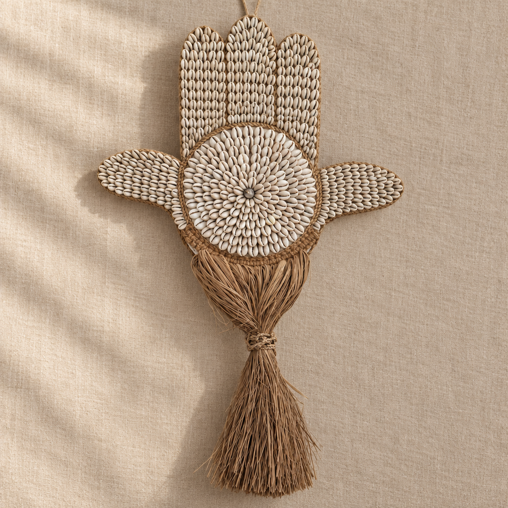 A woven hamsa hand wall hanging ornament in natural beige and cream tones, featuring a circular shell-like center, textured palm and wrist sections, and a long tassel, displayed against a neutral linen background.
