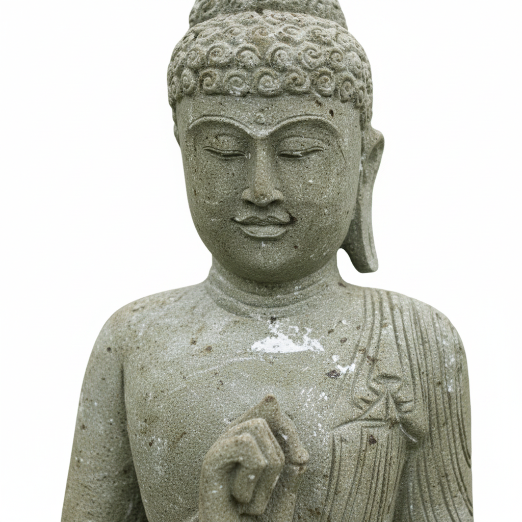 Close-up of hand-carved stone  face and hands holding prayer beads, showing intricate chisel marks and natural stone texture