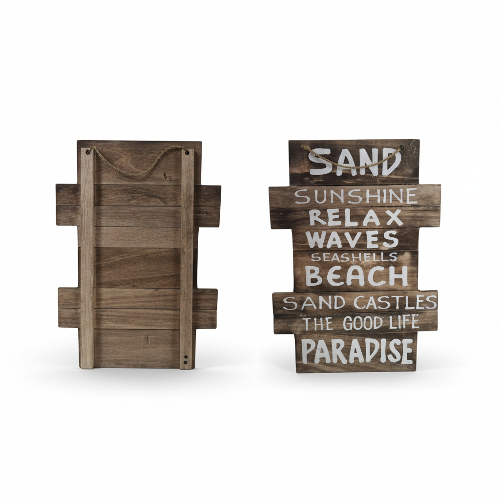 Weathered brown timber wall décor with hand-painted lettering hanging back and front view on a white back ground 