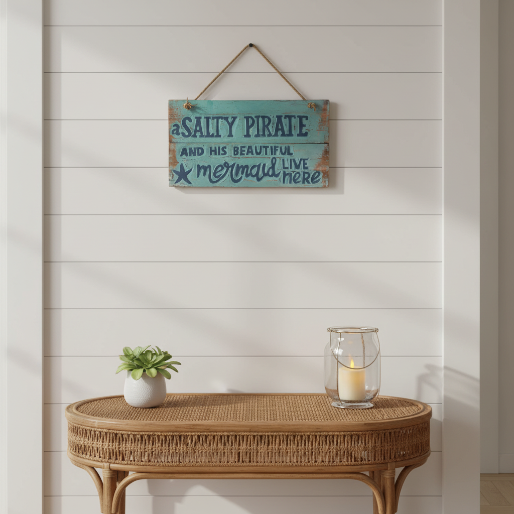 Close-up of A Salty Pirate and his beautiful mermaid aqua distressed wooden wall sign with rope hanger — handcrafted coastal wall art