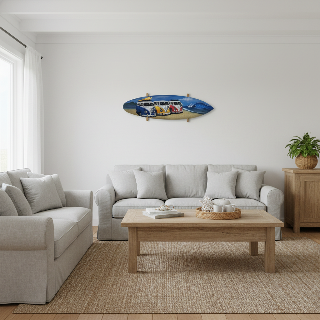 Three Kombis surfboard wall art styled as a small accent piece in a coastal living room