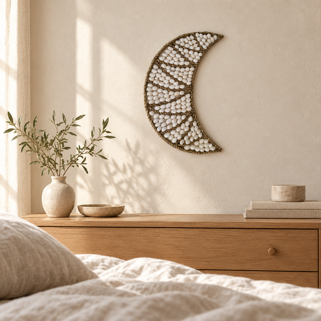 White rounded-shell crescent hanging above a light oak bedside table in a softly lit bedroom