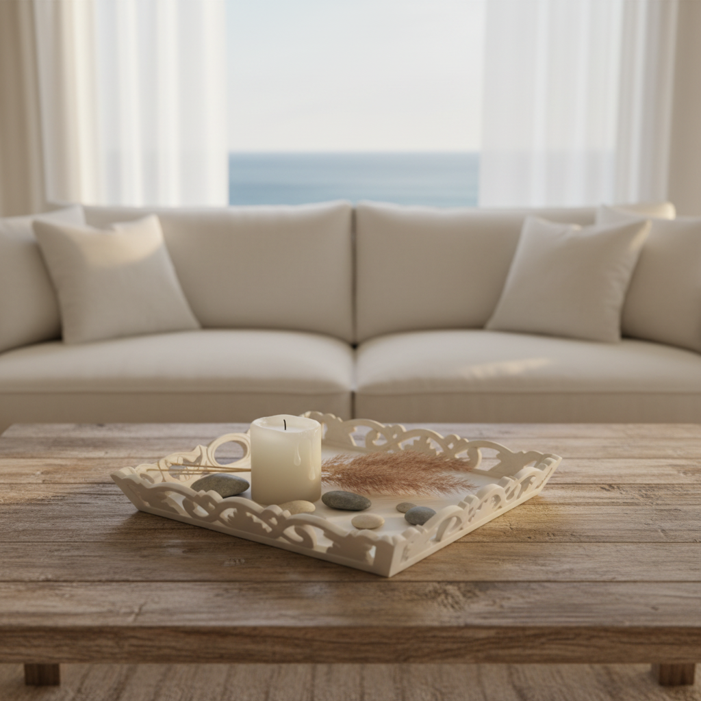 A decorative carved wooden tray holding a white candle and small stones sits on a rustic wooden coffee table in front of a cream sofa, with a softly blurred ocean view in the background.