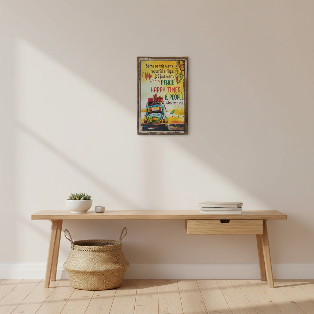 colourful decorative wall art set above a boho style study desk 