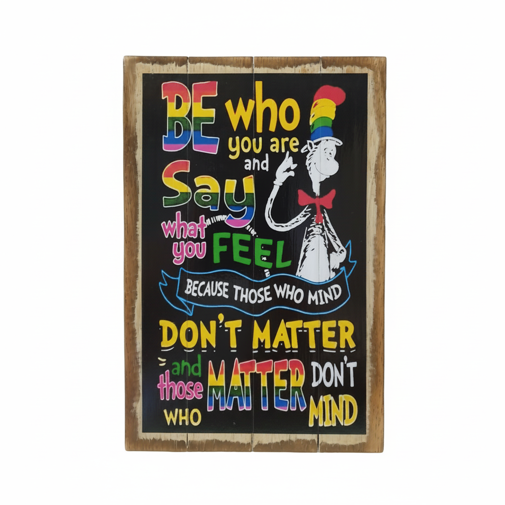 A rectangular decorative sign with a rustic wood border and a black chalkboard-style center featuring colorful 