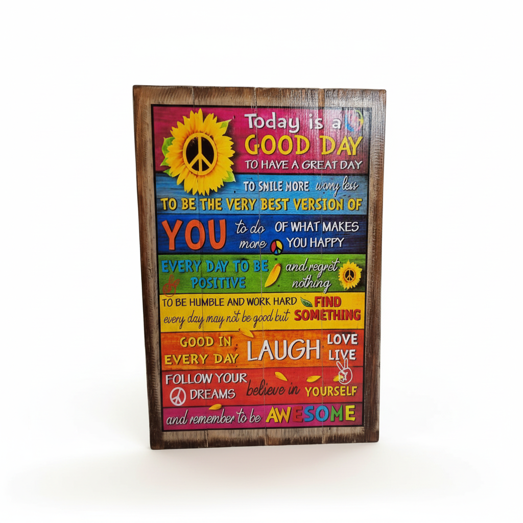 Framed colourful decorative piece with a sunflower, peace symbol and positive messages about having a good day