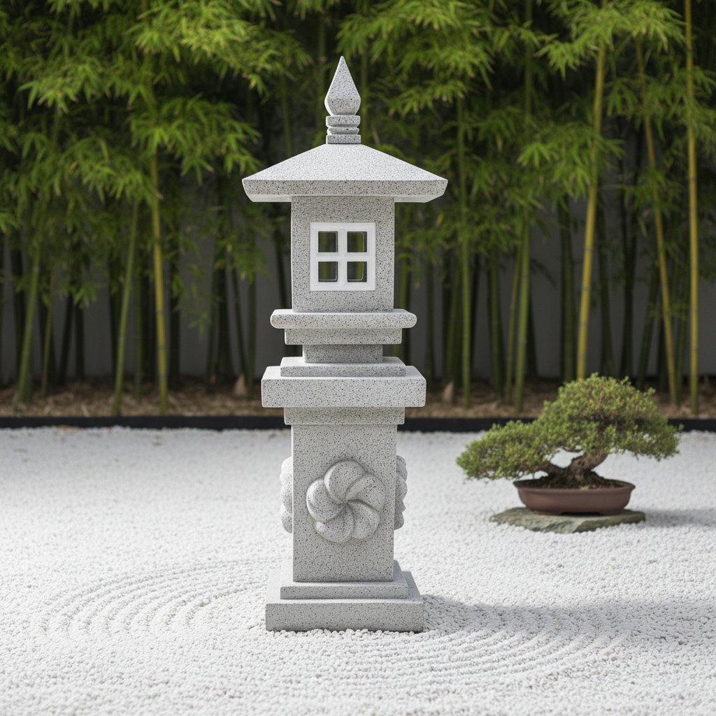 "Light grey speckled tiered stone sculpture centred on white raked gravel with circular zen patterns, bamboo grove and ornamental bonsai softly blurred in the background