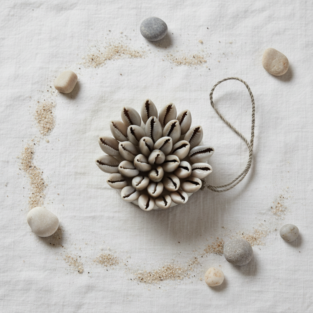 A decorative arrangement of cowrie shells with a small hanging rope loop, styled on a white fabric surface with scattered sand and smooth stones.