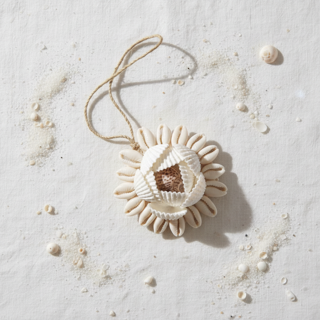 Sunflower-shaped ornament with a ring of white cowrie shell petals around an open scallop-edged shell frame revealing a brown leopard-patterned shell centre, on jute twine