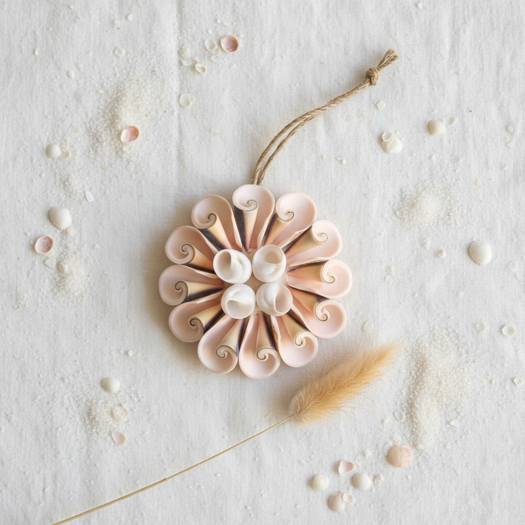 Curled pale pink and cream spiral shells arranged in a full round bloom with small white dome shells at the centre