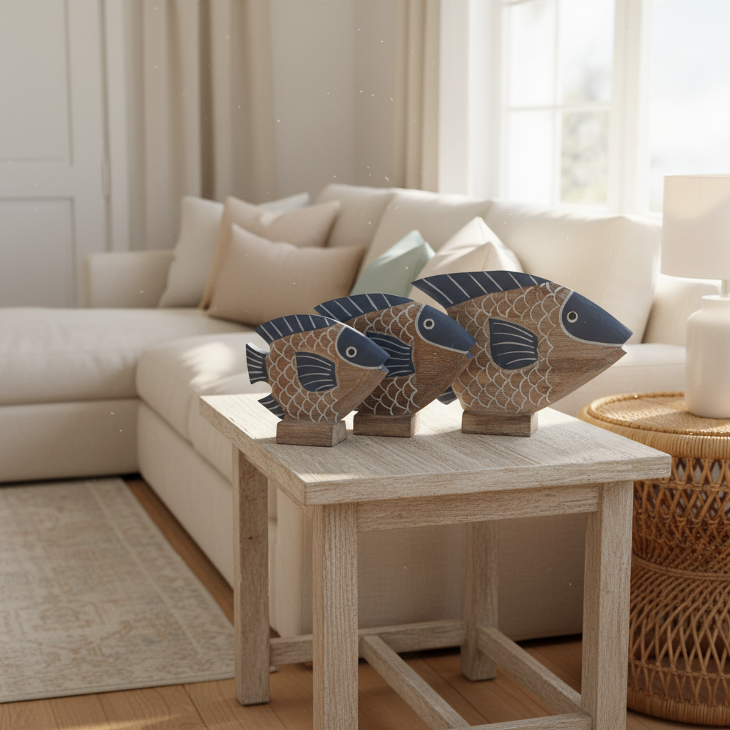 Tropical Fish Decor dark blue set on a whitewashed timber side table in a coastal lounge room
