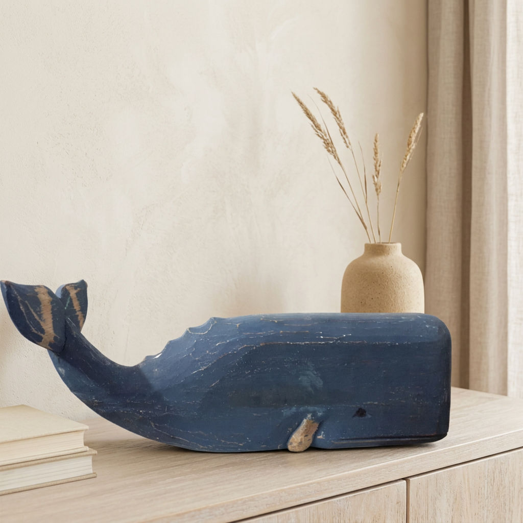 Distressed blue whale ornament on an oak console beside stacked books and a ceramic vase, against a blue-grey wall.