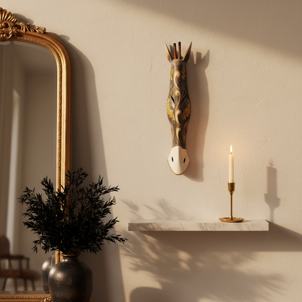 Dark charcoal carved animal mask with ornate gold and cream floral scroll detail and white snout mounted on a cream wall – glamorous luxe vignette with ornate gold-framed mirror, dark botanical stems in a silver vase and marble shelf with a lit gold taper candle