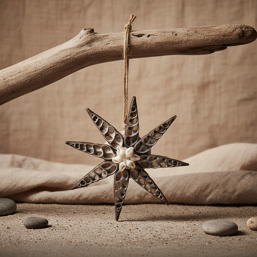 Nine-pointed star ornament made from dark brown and grey lattice-cut shells with oval perforations and a small white flower shell cluster at the centre, on jute twine