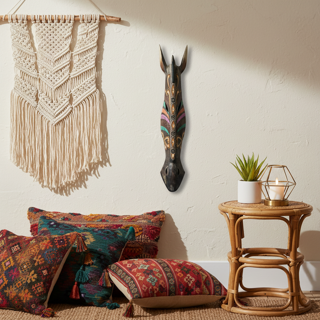 Dark charcoal carved animal mask with teal, purple and coral stripe bands and gold diamond spine detail mounted on a cream wall – vibrant boho vignette with macrame wall hanging, colourful tasselled cushions, rattan side table, potted succulent and gold geometric candle holder