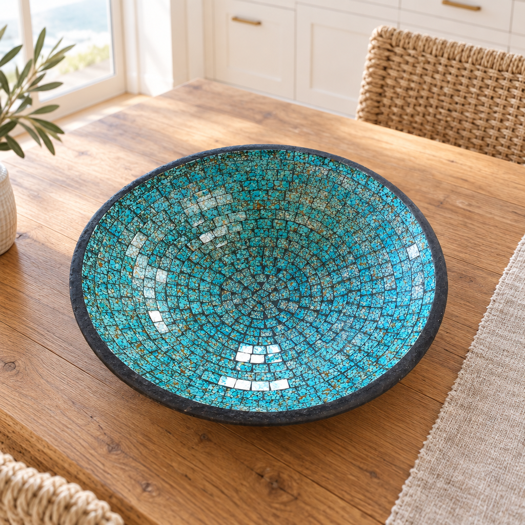 Handcrafted centrepiece with a dark rim on a sunlit timber kitchen table, beside a linen runner and woven dining chairs.