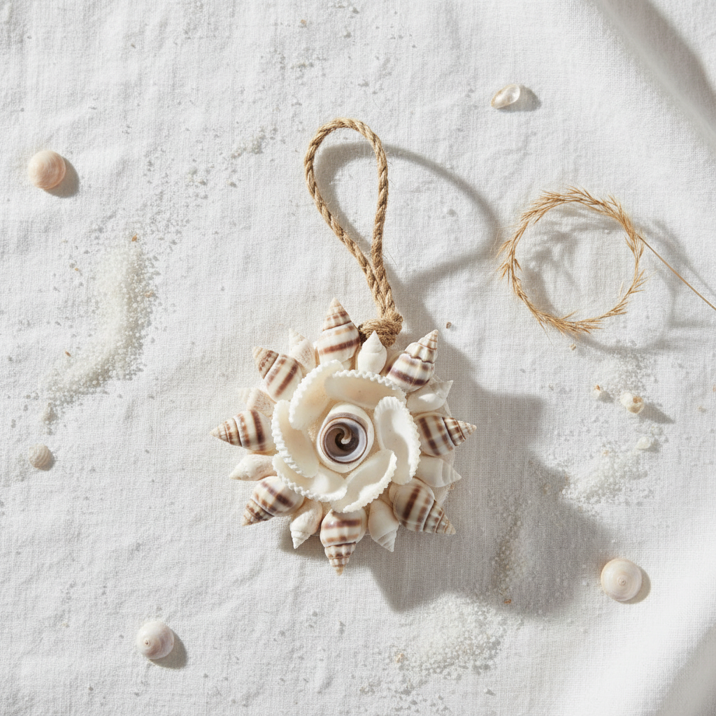 Round ornament with cream and brown striped cone shells radiating outward around a white rose-shaped shell centre with a dark spiral, on braided jute twine