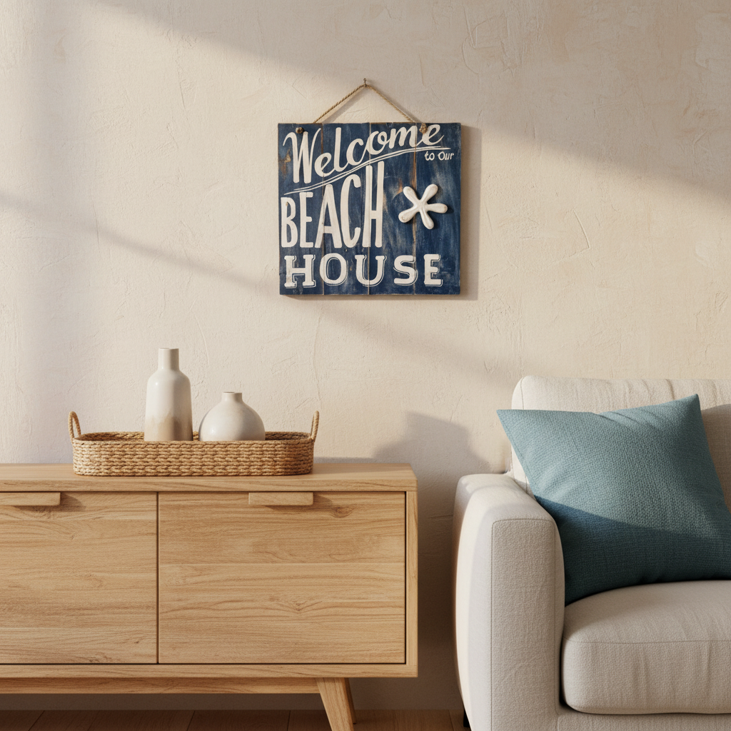 Deep blue timber wall sign with cream lettering displayed above a light wood sideboard beside a pale blue sofa