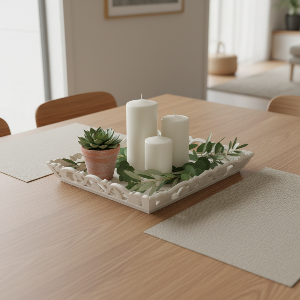 A decorative white carved tray holding three white pillar candles and green foliage, with a small potted succulent, set on a light wood dining table in a softly lit interior.