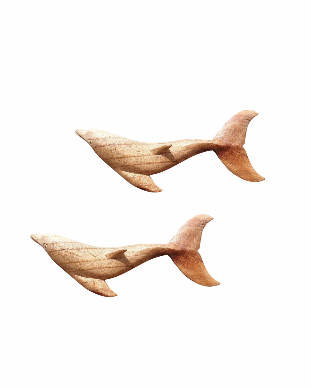 Two wooden dolphine carvings on a white background