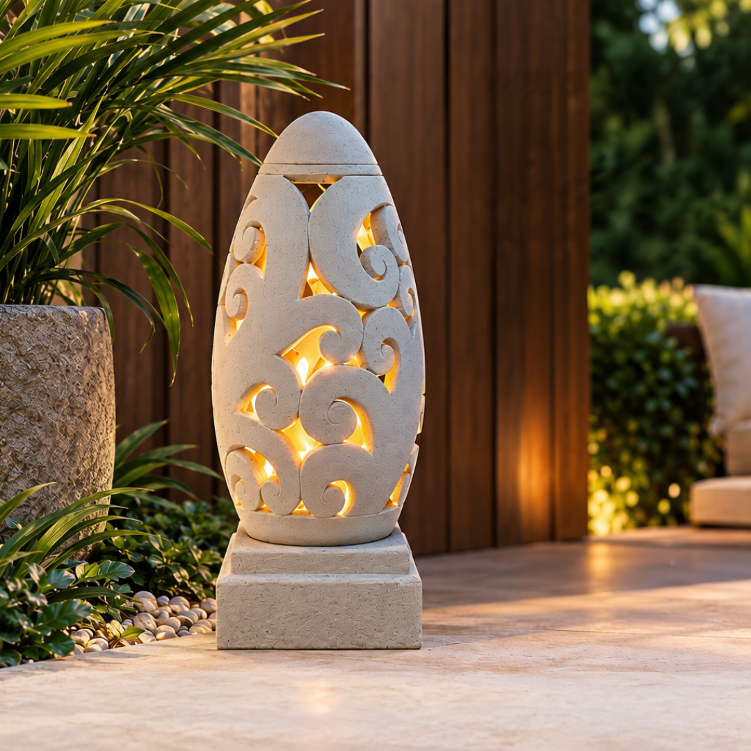 A decorative outdoor pillar light made of light gray stone with intricate scrollwork cutouts, glowing with warm yellow light from within, set on a patio in front of a wooden fence with plants.