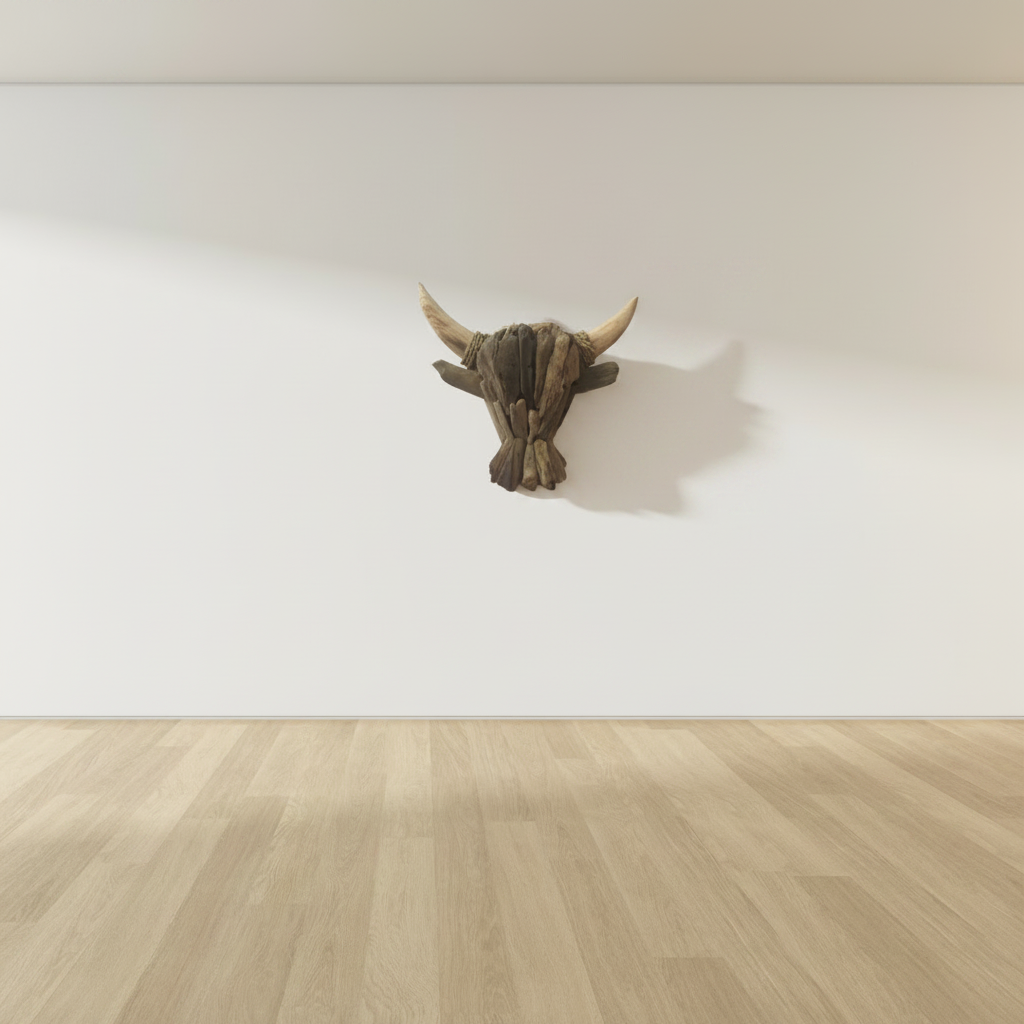 Driftwood buffalo bull head wall sculpture mounted at eye level on a white wall — showing scale and natural shadow detail — Azure Decor