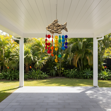 Driftwood fish wind chime hanging from a covered outdoor verandah ceiling with rainbow shell disc dangles