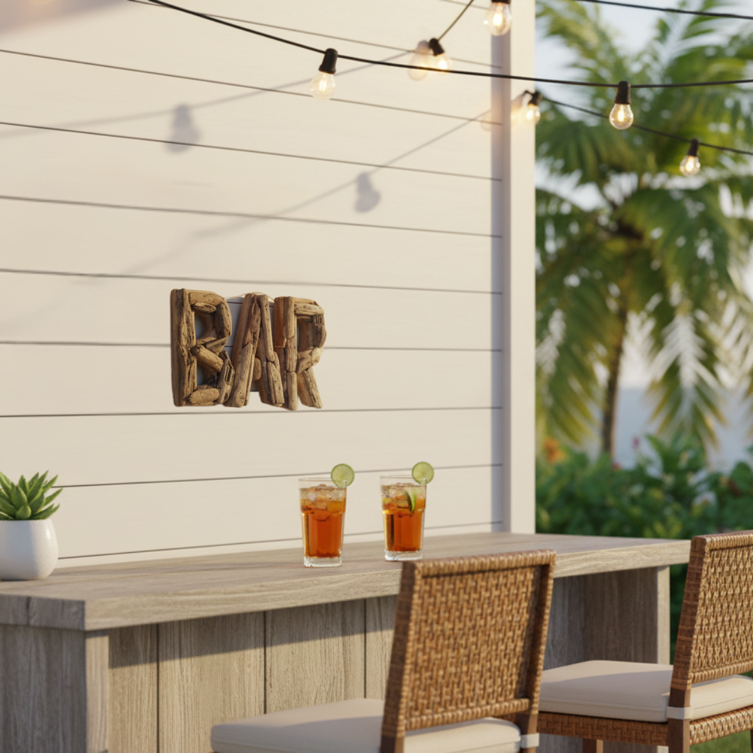 Rustic wooden 'BAR' wall sign mounted on a white shiplap wall above a wooden bar counter with two cocktails and wicker chairs, with string lights and palm trees in the background.
