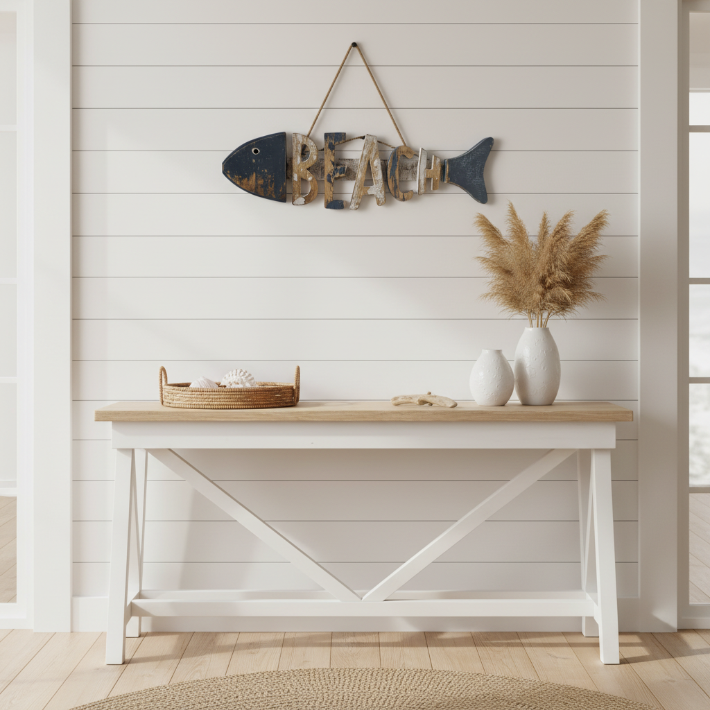 carving hung on white shiplap wall above a coastal console table styled with white ceramic vases, dried pampas grass and a woven rattan tray