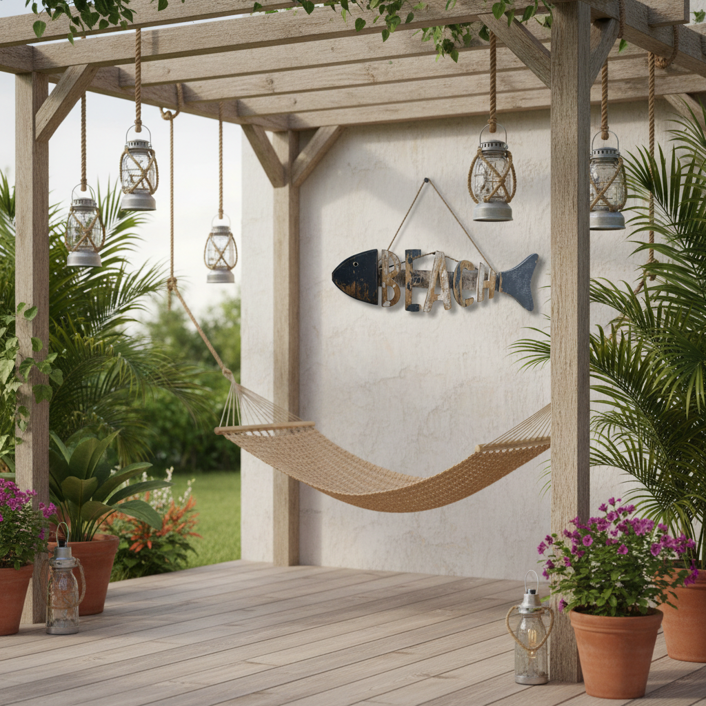  carving hung on a rendered outdoor patio wall, surrounded by rope lanterns, a hammock, tropical palms and flowering plants