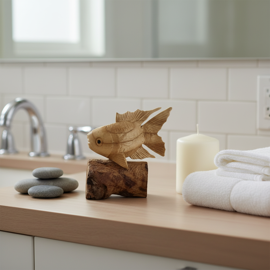 Carved wooden fish sculpture on a parasite wood log base beside river stones and a white candle on a bathroom vanity