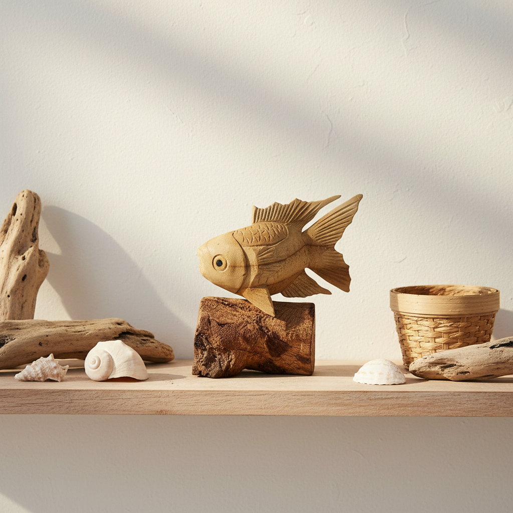 Carved wooden fish on a base styled on a coastal shelf with shells and driftwood