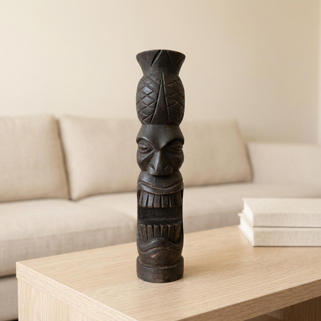 Dark timber carving with a flared crosshatched top and open mouth on an oak table beside neutral books, with a cream sofa behind.