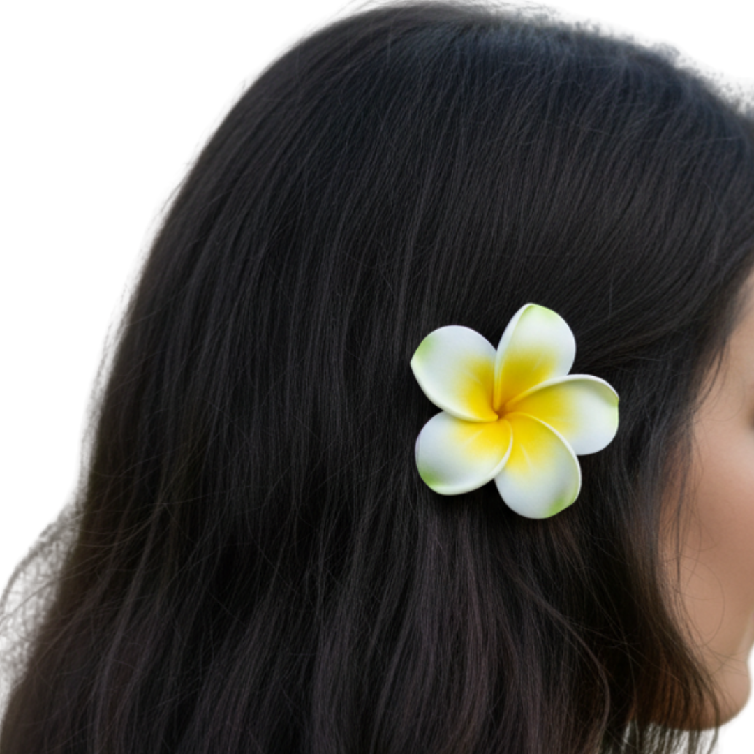 White and yellow frangipani flower hair clip worn in dark wavy hair, white background