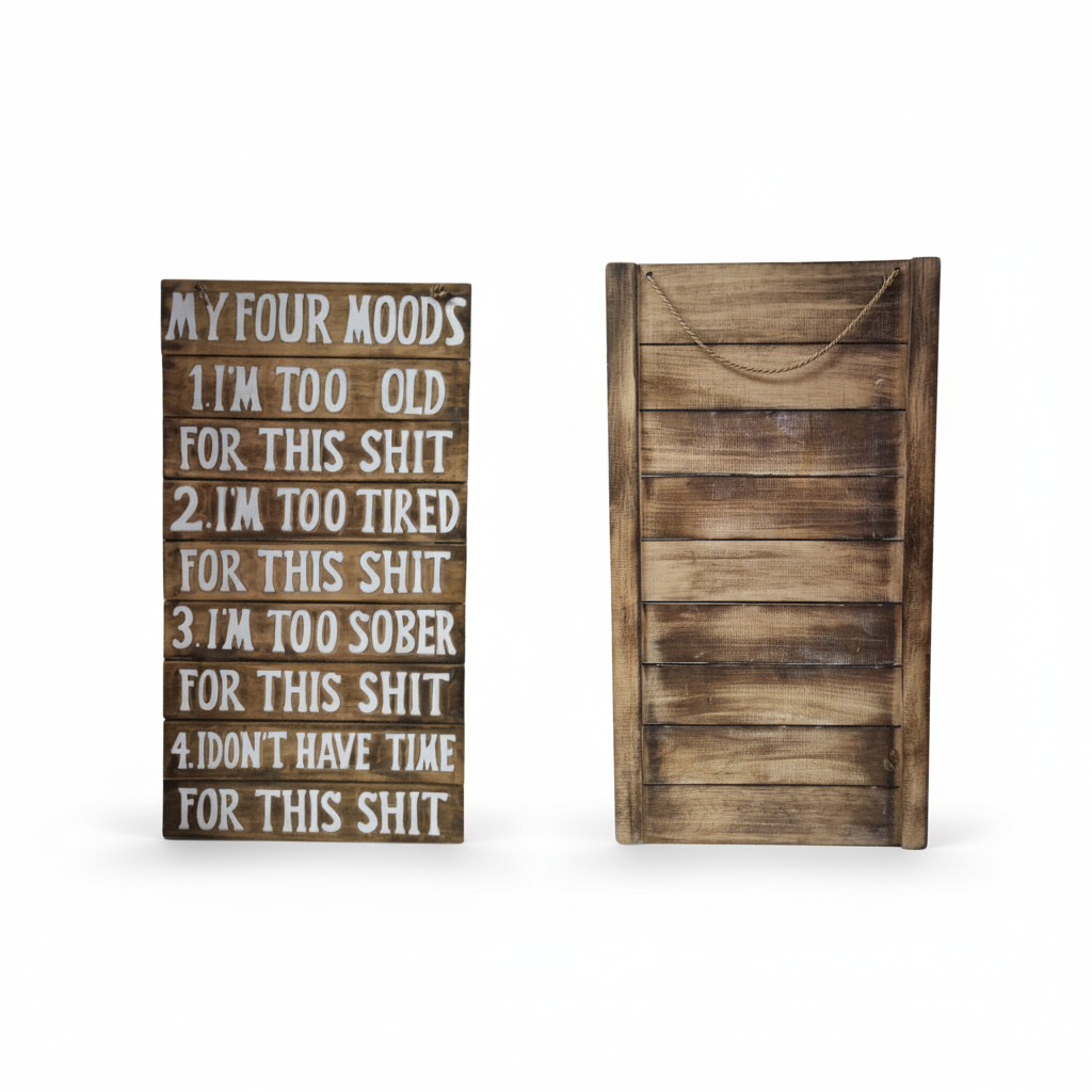  Front and rear views of the My Four Moods wooden sign showing the hanging chain