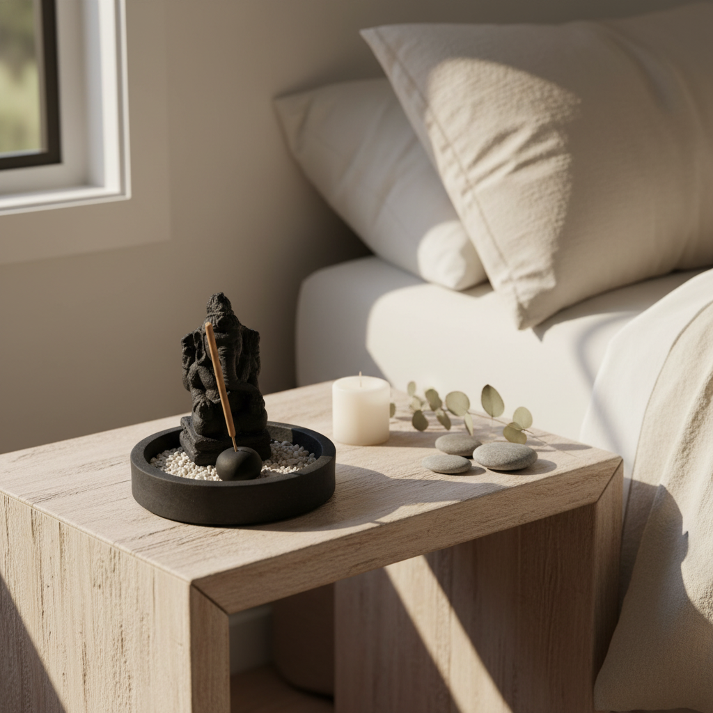 Black stone Ganesha figure on a round pebble bowl with an scented stick, styled on a timber bedside table with a white candle, smooth river stones and dried eucalyptus in warm afternoon light with linen bedding in the background